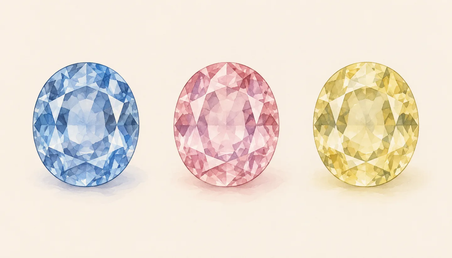 Three illustrated oval faceted stones in blue, pastel pink and pale yellow.