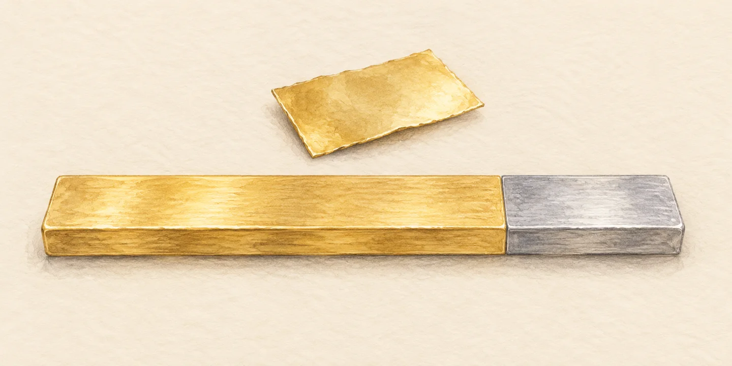 Watercolor gold-colored sheet and a conceptual strip showing a three-quarter gold fraction beside a one-quarter other-metals fraction.