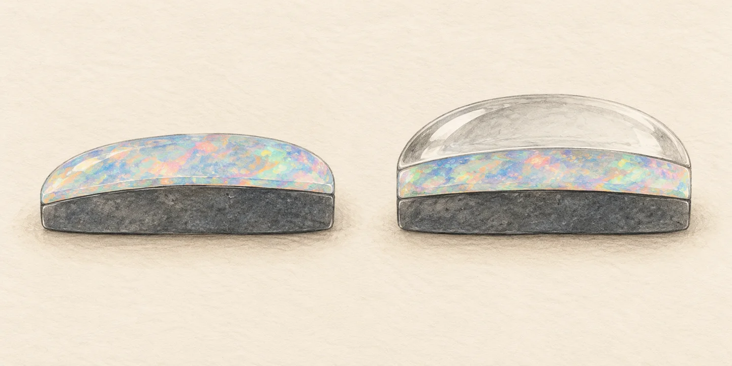 Painted assembled-opal examples show a two-layer doublet beside a three-layer triplet, with cap, opal and backing distinguished.