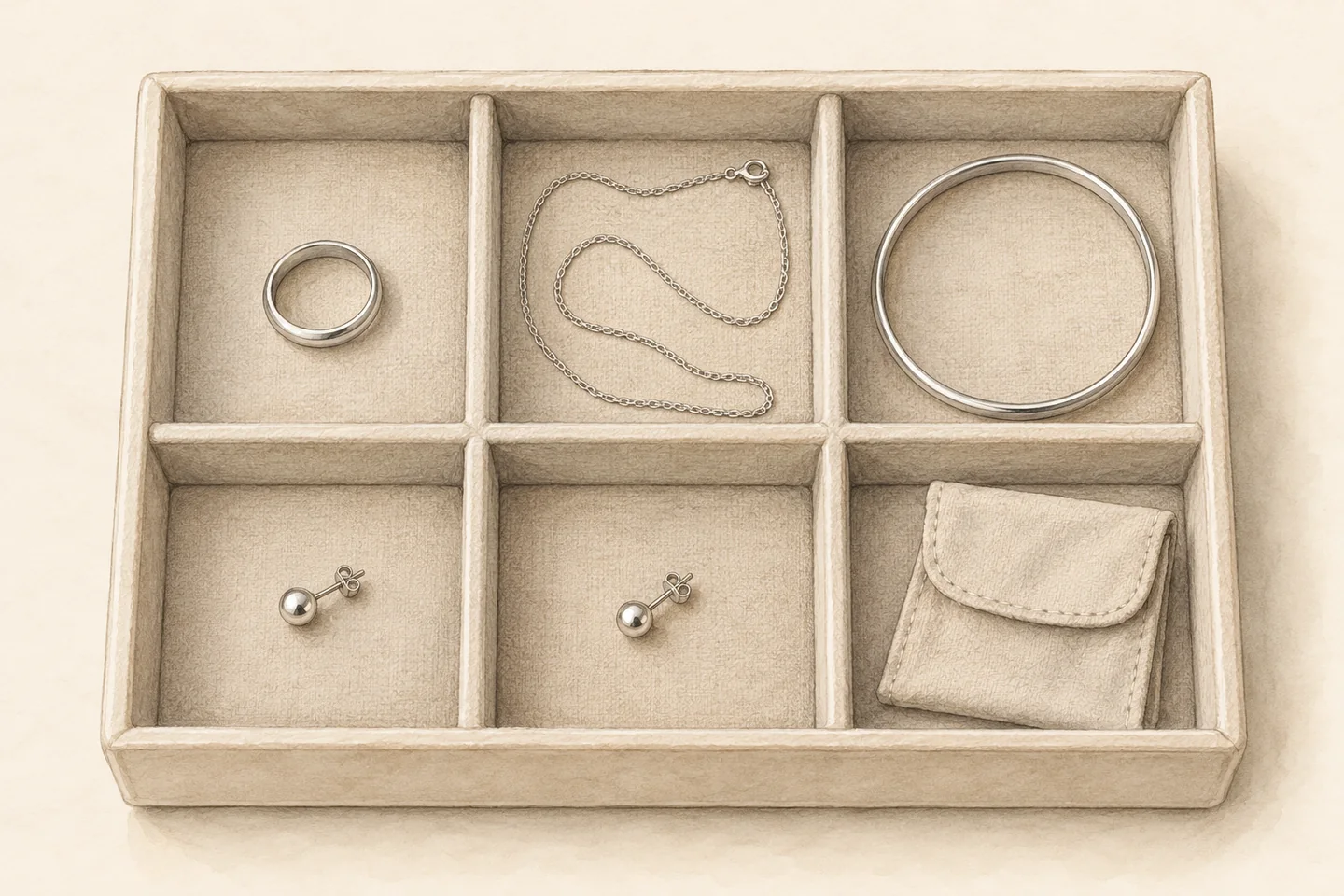 Illustrated storage tray with a ring, necklace, bangle and each stud earring in separate compartments.