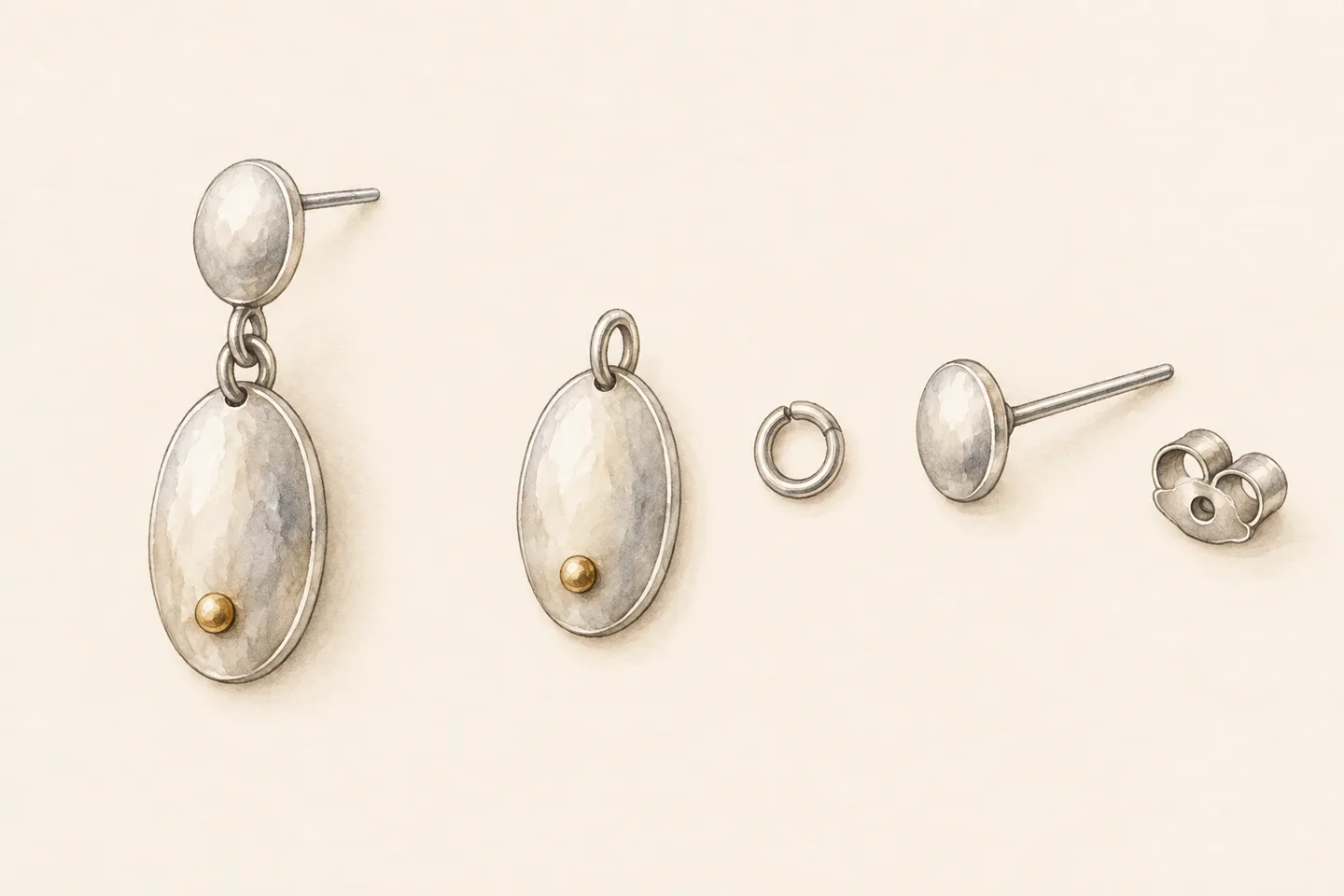 A complete illustrated drop earring beside its separate hanging body, connecting loop, post element and butterfly back.