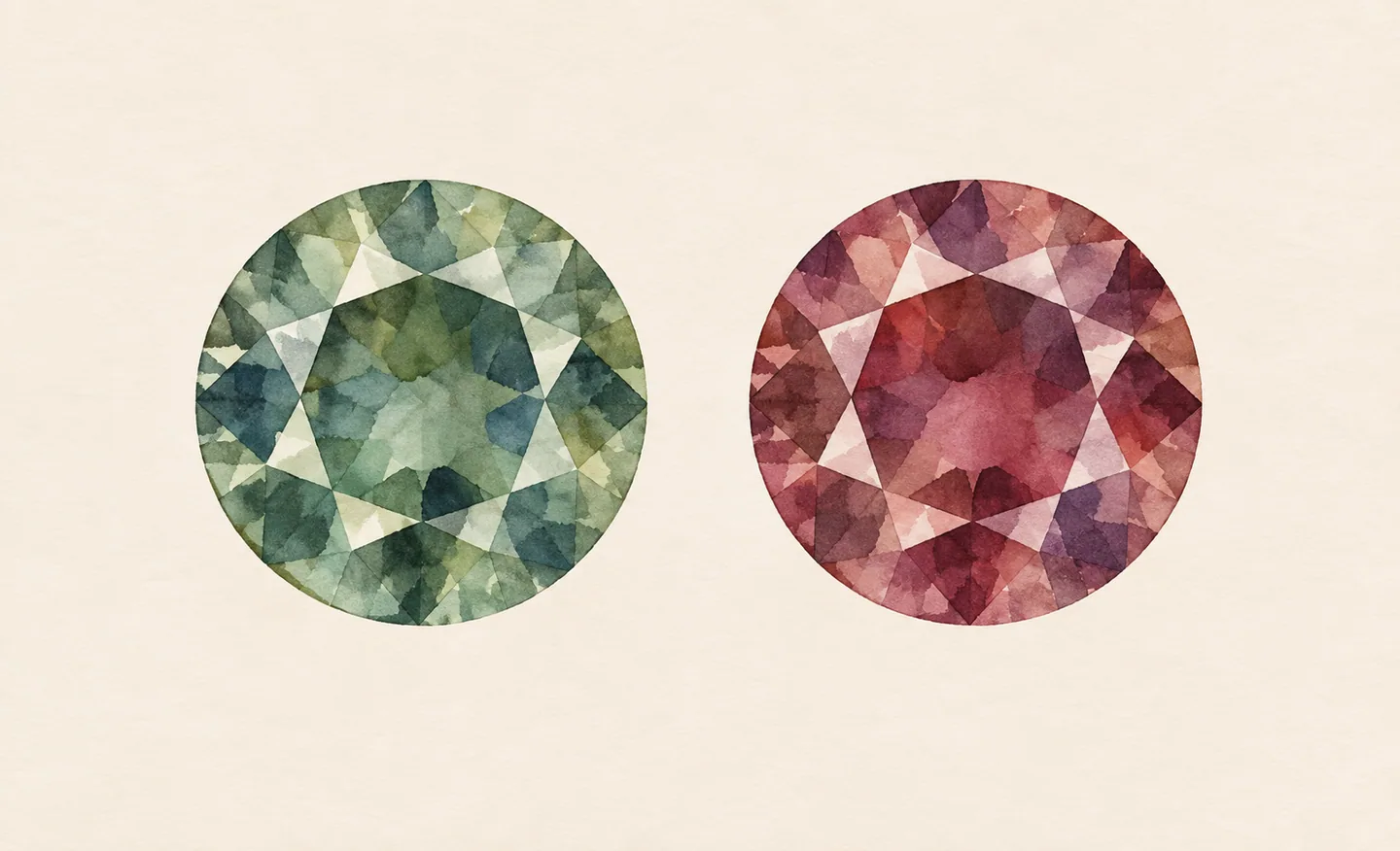 Watercolour pair of matching round faceted forms, one blue-green and one purplish red.
