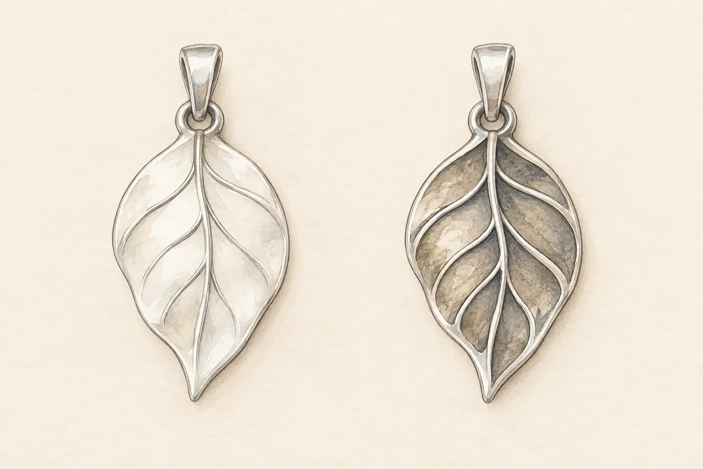 Two imagined silver-coloured leaf pendants, one light and one with darker decorative grooves and grey-brown shaded areas.
