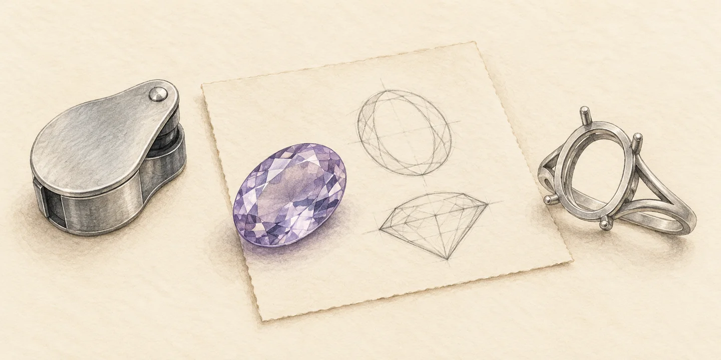 A painted loose gemstone, loupe, empty ring mount and pencil sketches accompany a recut brief.
