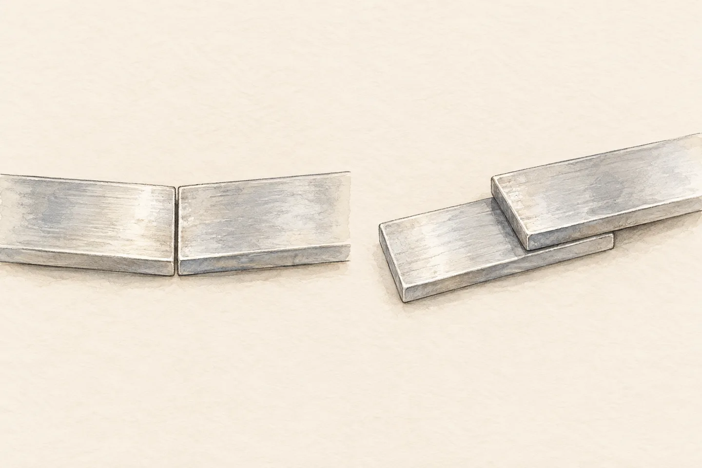 Two pairs of silver-coloured strips, one meeting end to end and the other overlapping.
