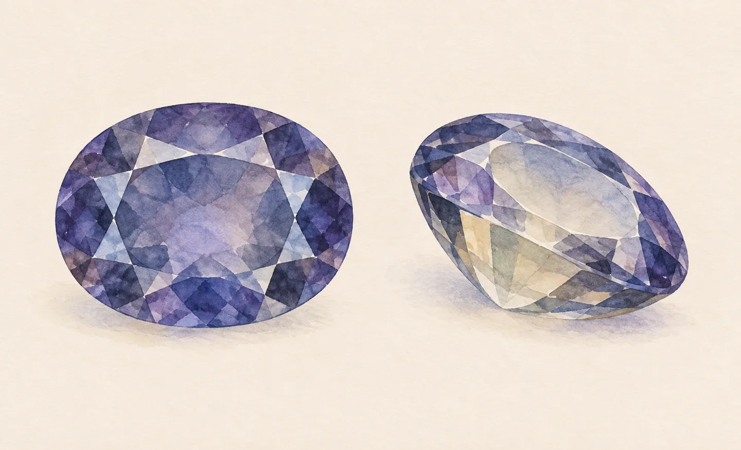 Two illustrated oval views: blue-violet face-up, and tilted with a paler centre and grey-yellow pavilion.