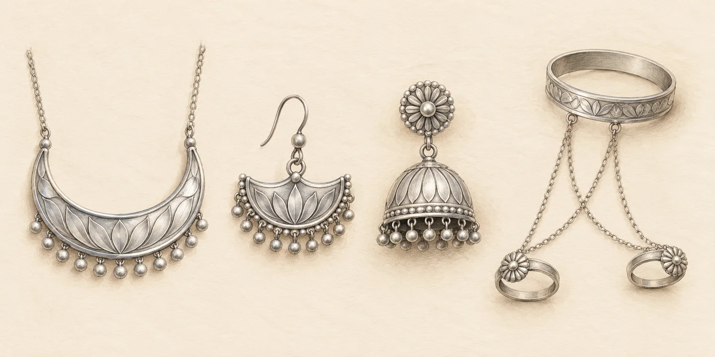 Four painted motif cues show a crescent head ornament, half-moon earring, bell earring and finger rings linked to a bracelet.