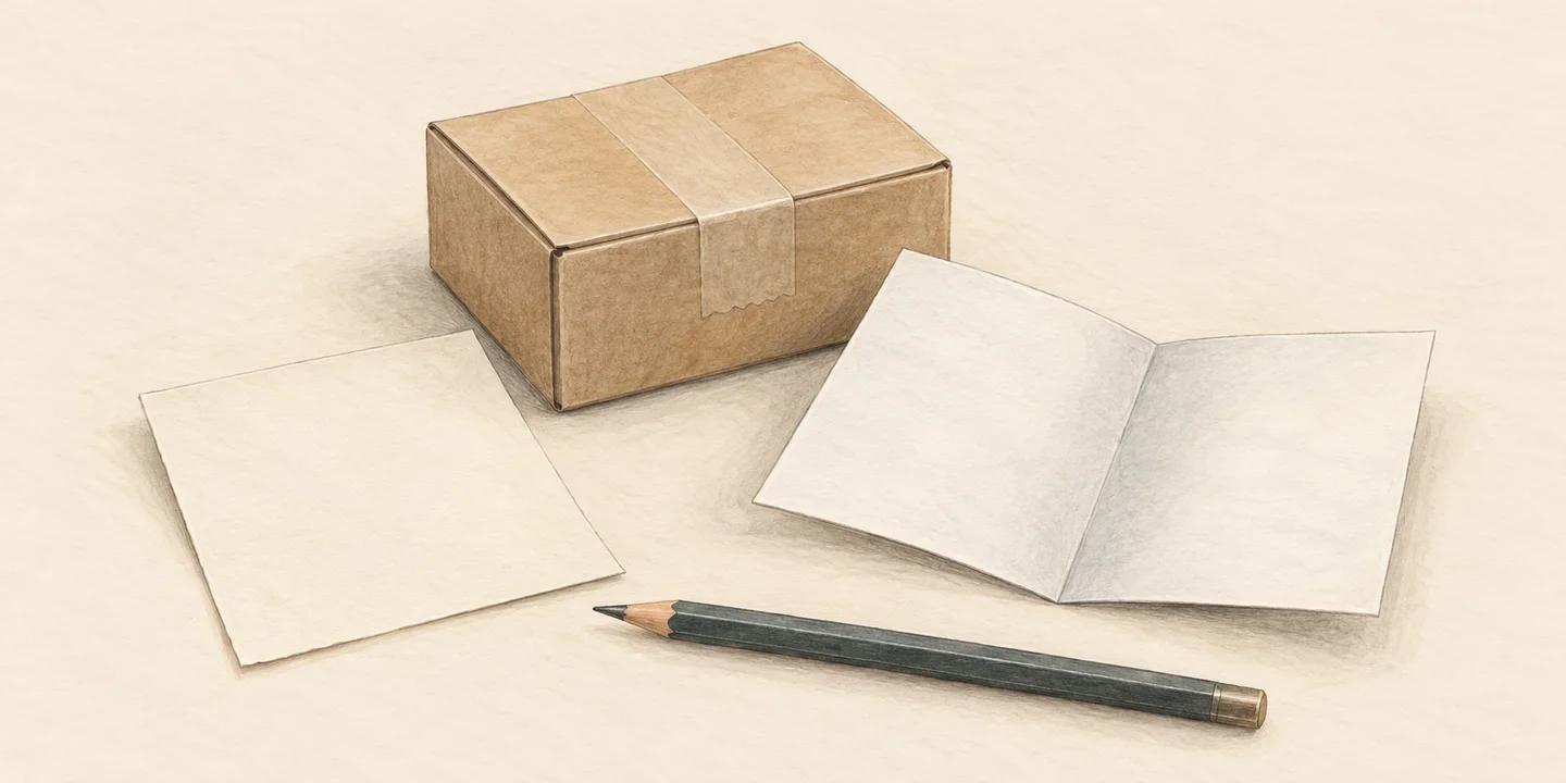A painted plain delivery box, blank order and return records, and pencil accompany transaction questions.