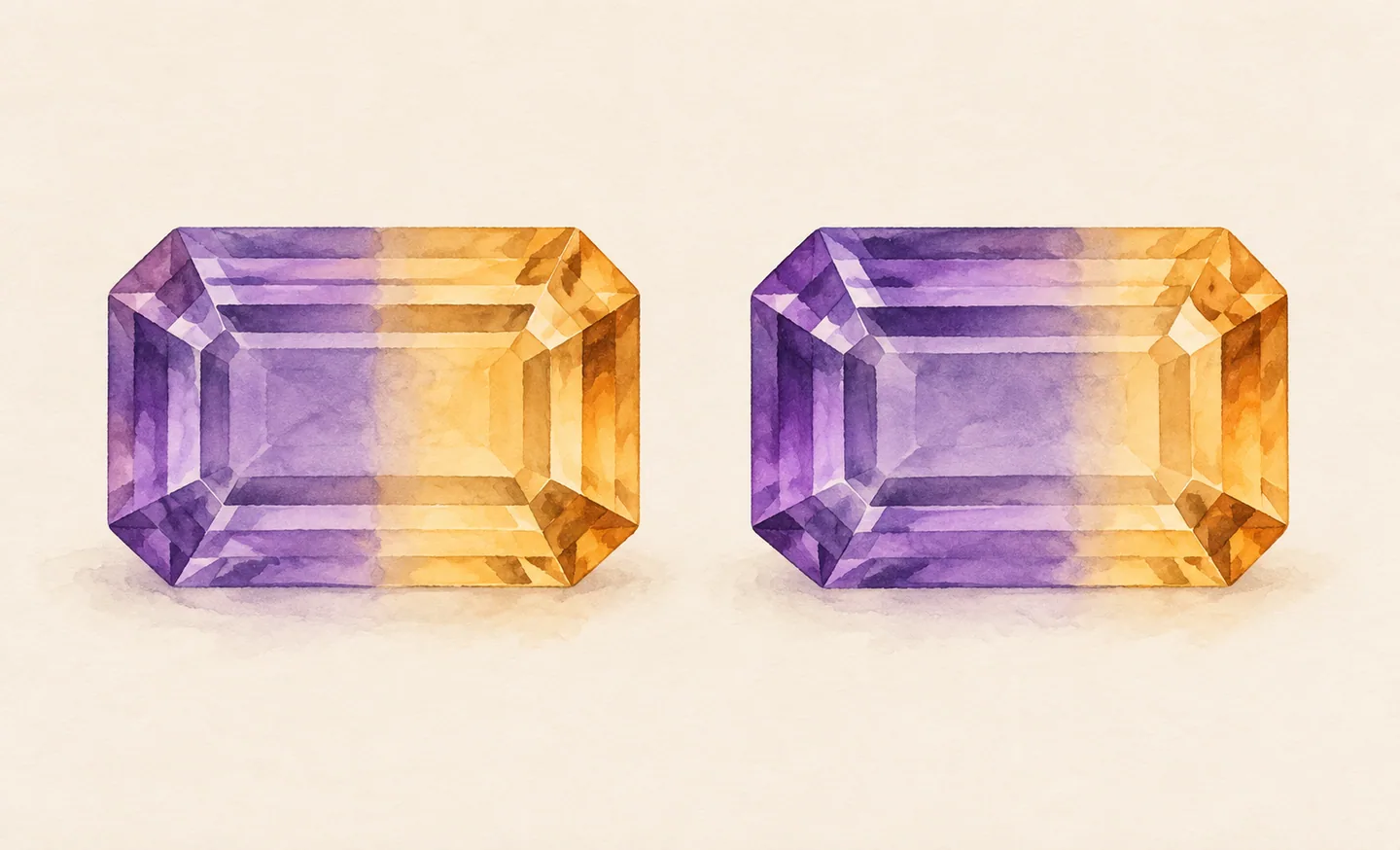 Two illustrated rectangular step-cut forms with purple and golden colour zones in different proportions.