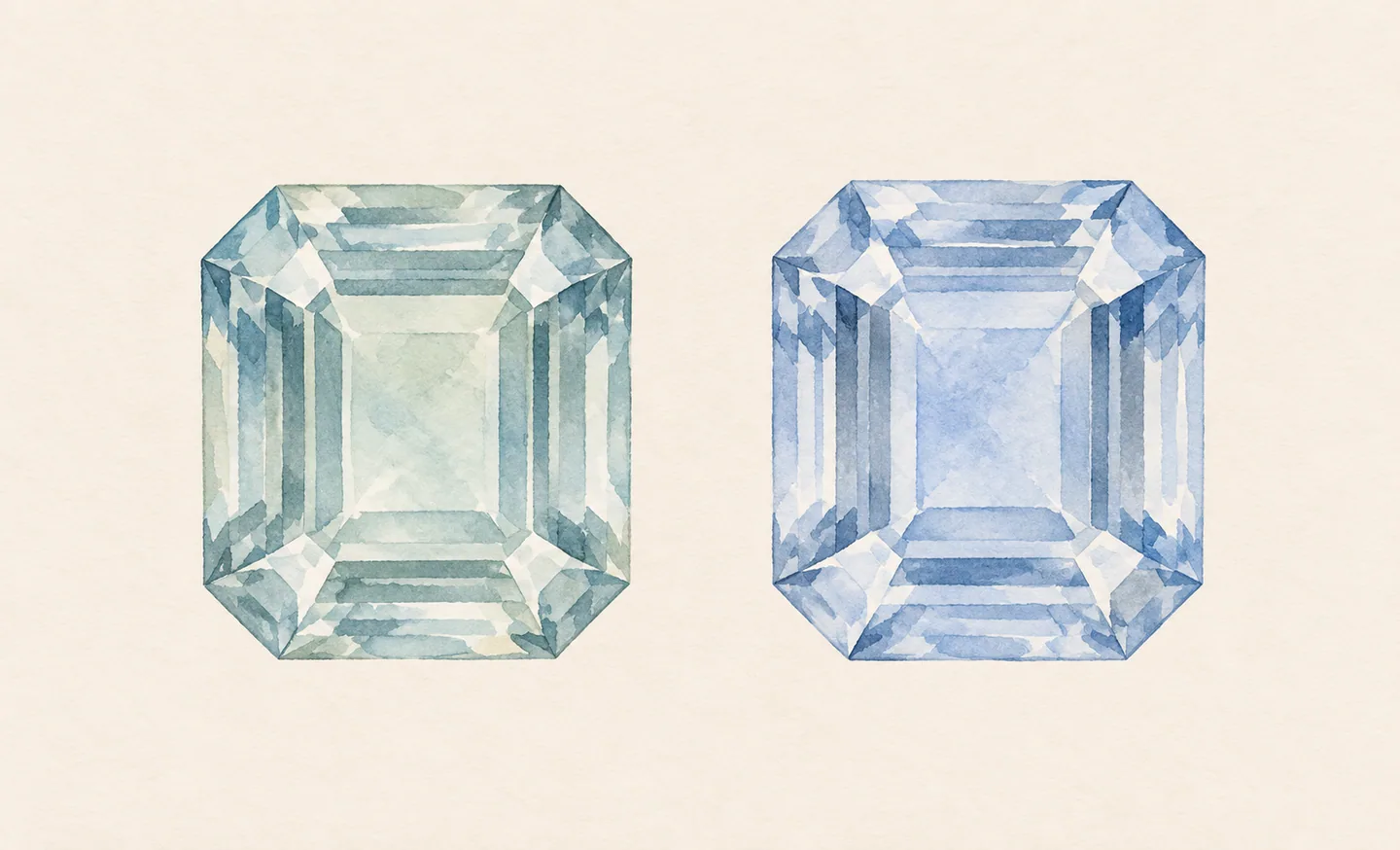 Two matching illustrated step-cut forms in pale green-blue and a slightly stronger blue.