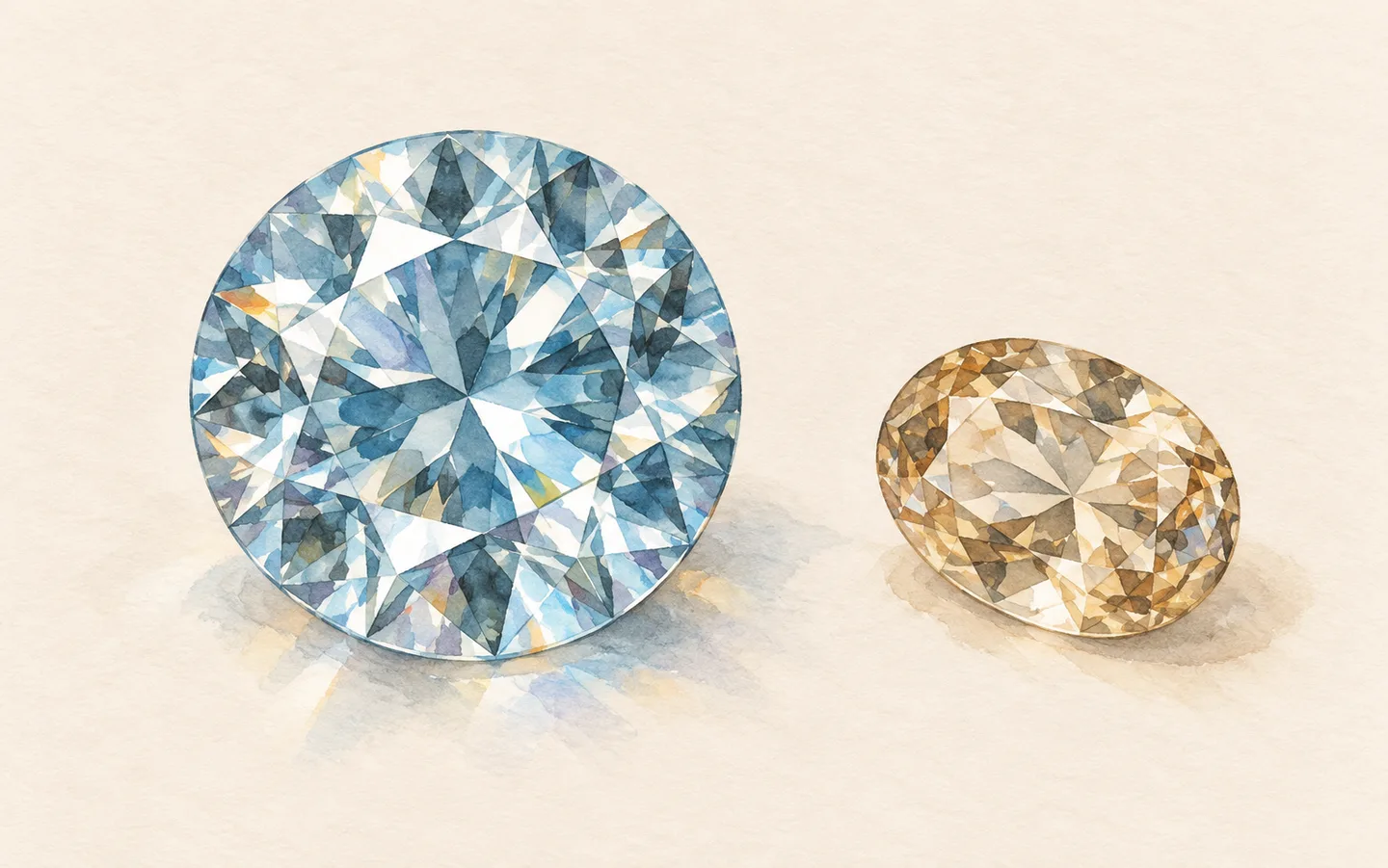 An imagined round pale blue faceted gem with bright facet reflections beside a smaller champagne-coloured oval faceted gem.