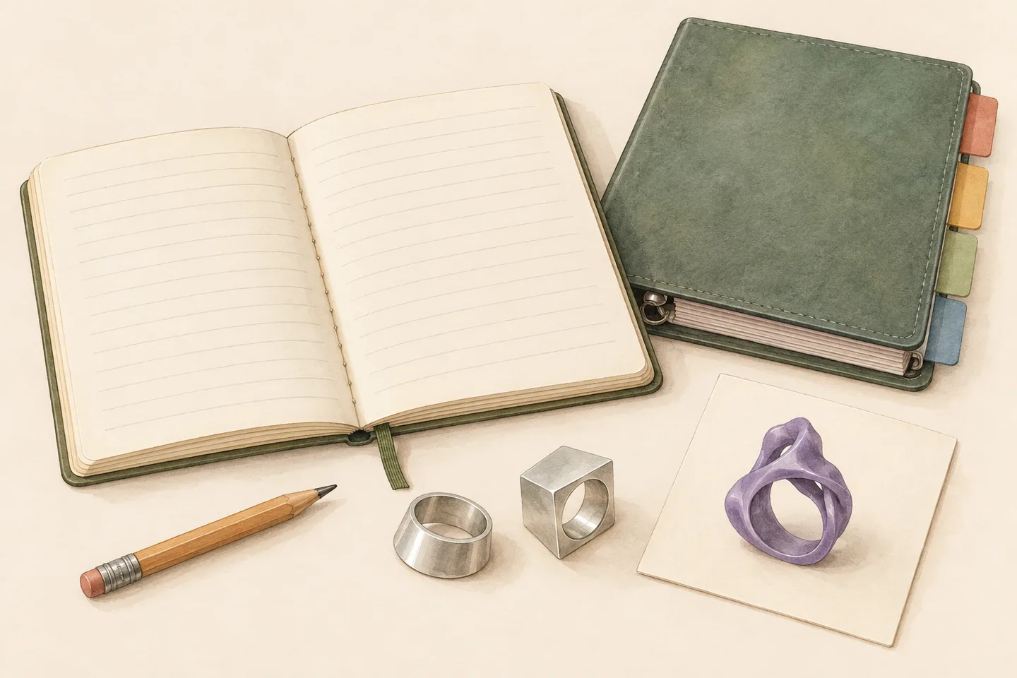 An open blank notebook, tabbed binder, pencil, two silver-coloured sample forms and a purple model on a separate card.