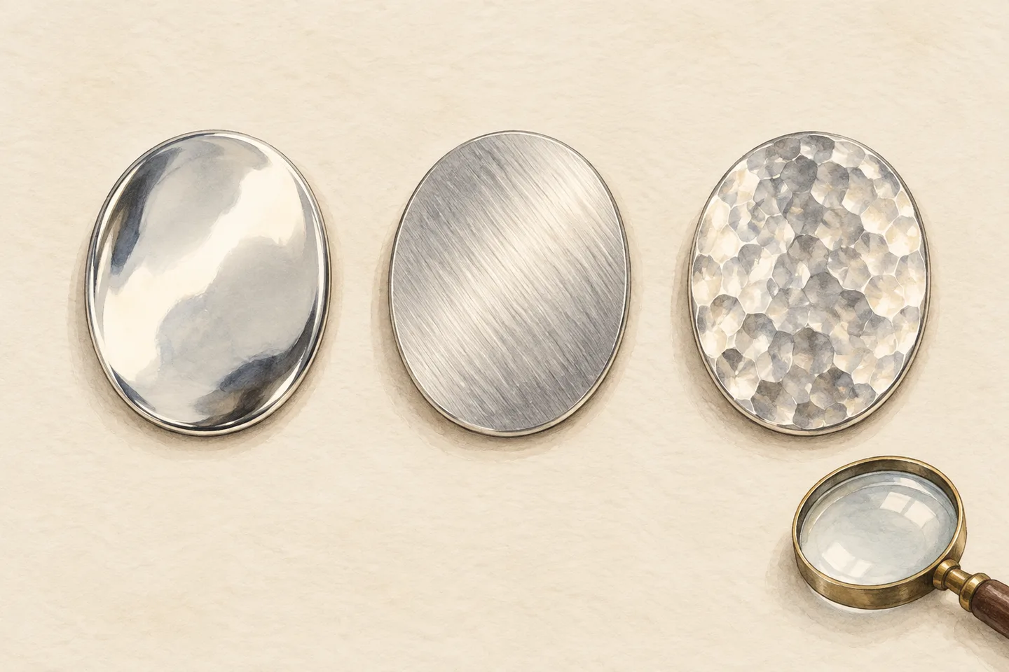 Three silver-coloured oval plaques illustrated with a clear reflected wash, fine directional lines and shallow-looking dimples.