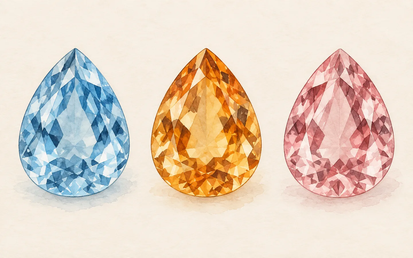 Three imagined pear-shaped faceted gems in sky blue, honey orange and pink, shown separately at similar illustrated sizes.