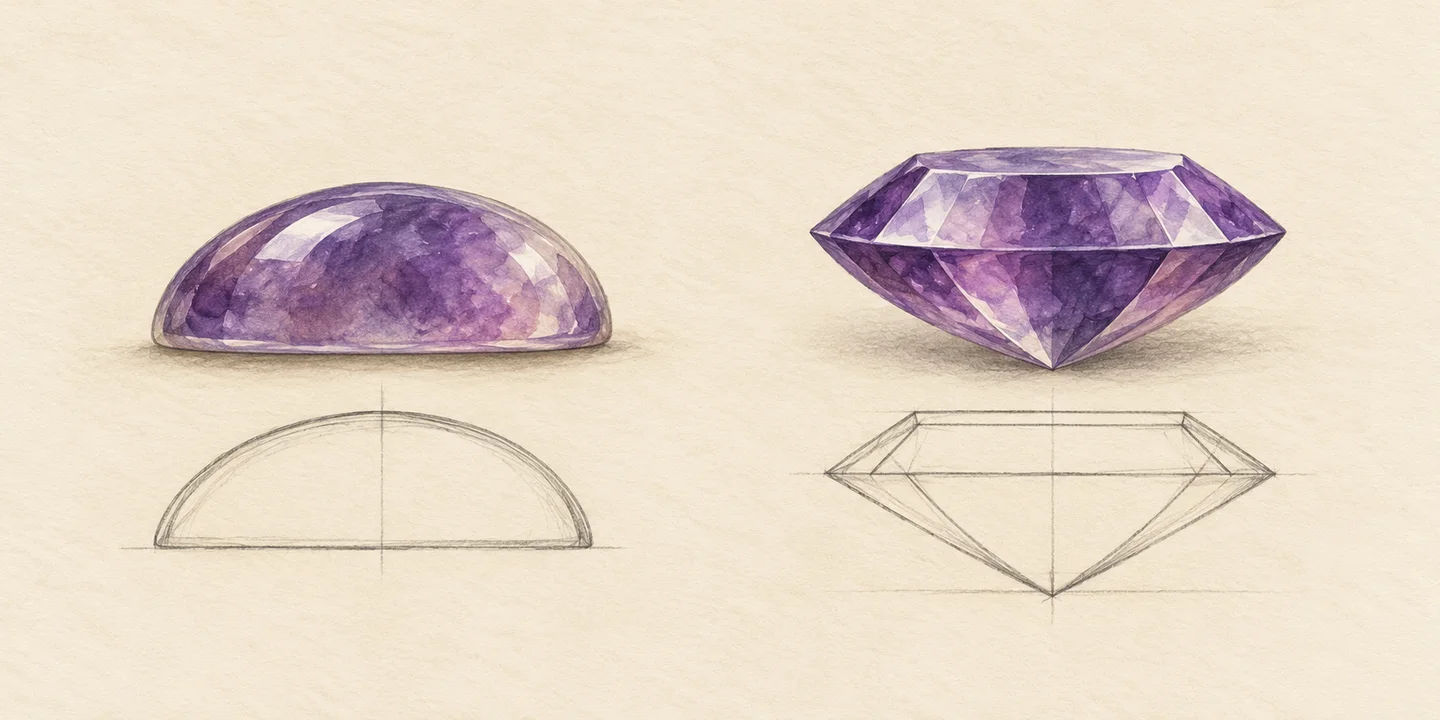 Painted purple stone profiles compare a domed top with flat base and a faceted top with pointed underside.
