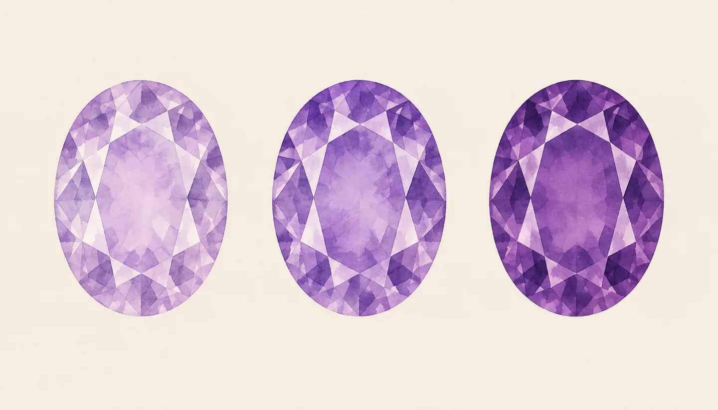 Three illustrated oval violet stones, from pale to deeper purple.