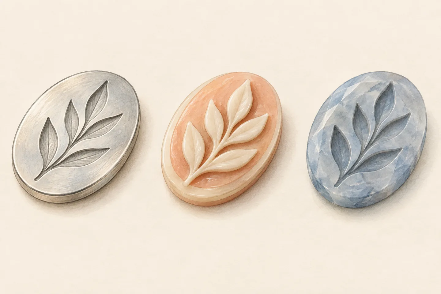 Three painted leaf motifs on separate silver-coloured, peach-and-cream, and blue-grey oval samples.