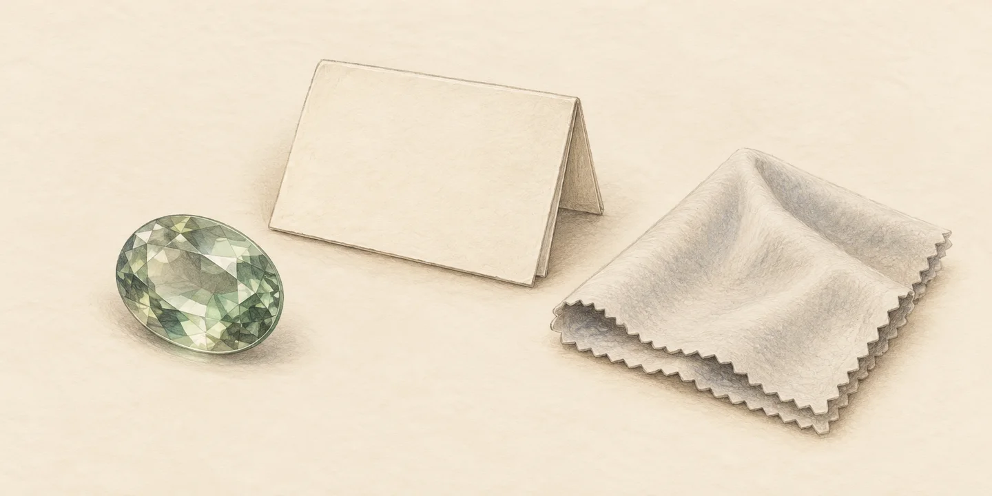 A painted loose gemstone, blank record and soft cloth accompany questions about treatment evidence and care.