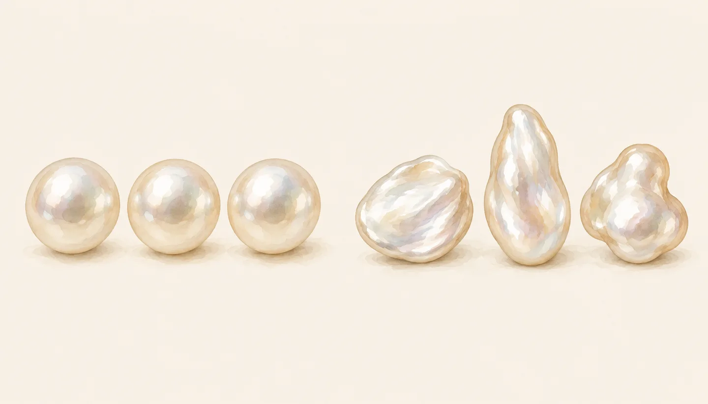 An illustrated group of three similar round ivory pearls beside three irregular ivory forms.