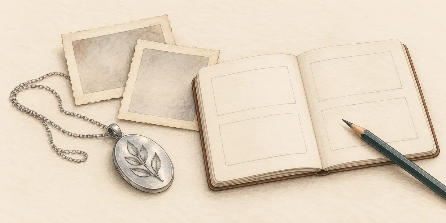 A painted pendant, blank photograph frames, notebook and pencil accompany a pre-work repair brief.