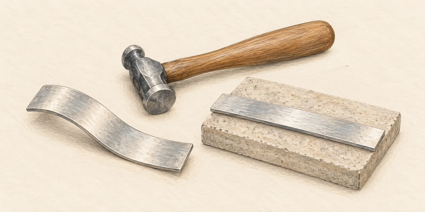 Painted silver strips, a forming hammer and a neutral block accompany work-hardening and annealing vocabulary.