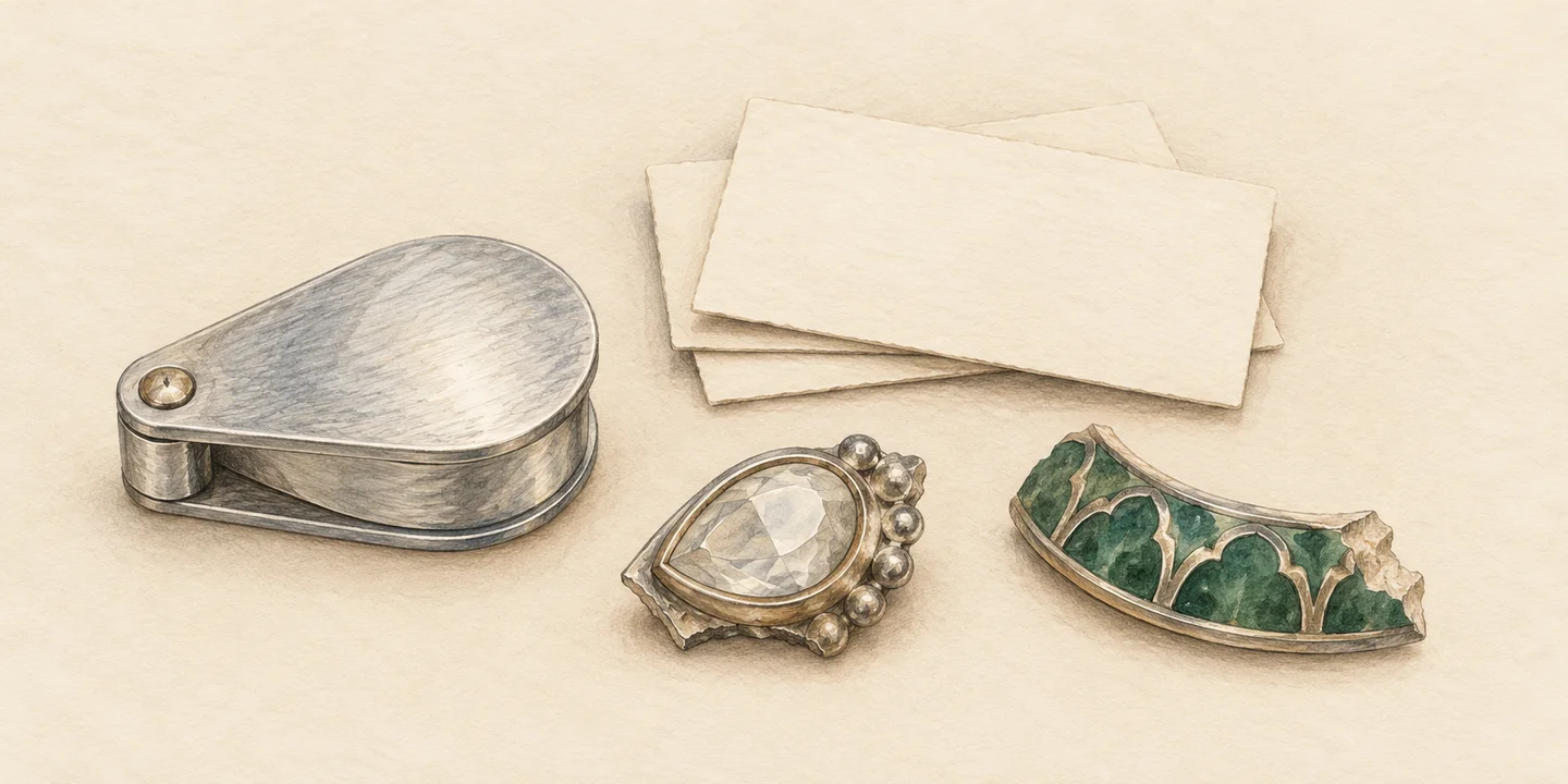 Painted ornamental fragments, a loupe and blank question cards accompany craft-label questions.
