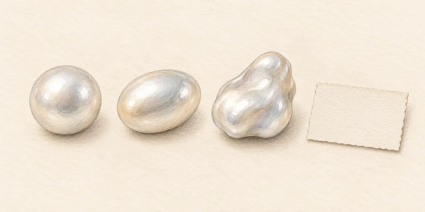 Painted round, oval and irregular pearl-like forms accompany a blank description card.