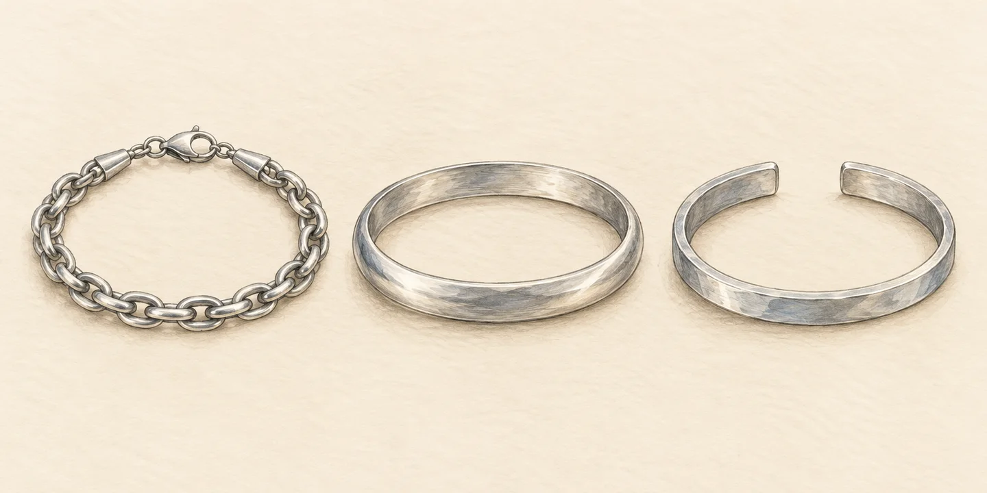 Painted wrist-piece examples show a separate fastening, a closed oval bangle and a cuff with one open gap.
