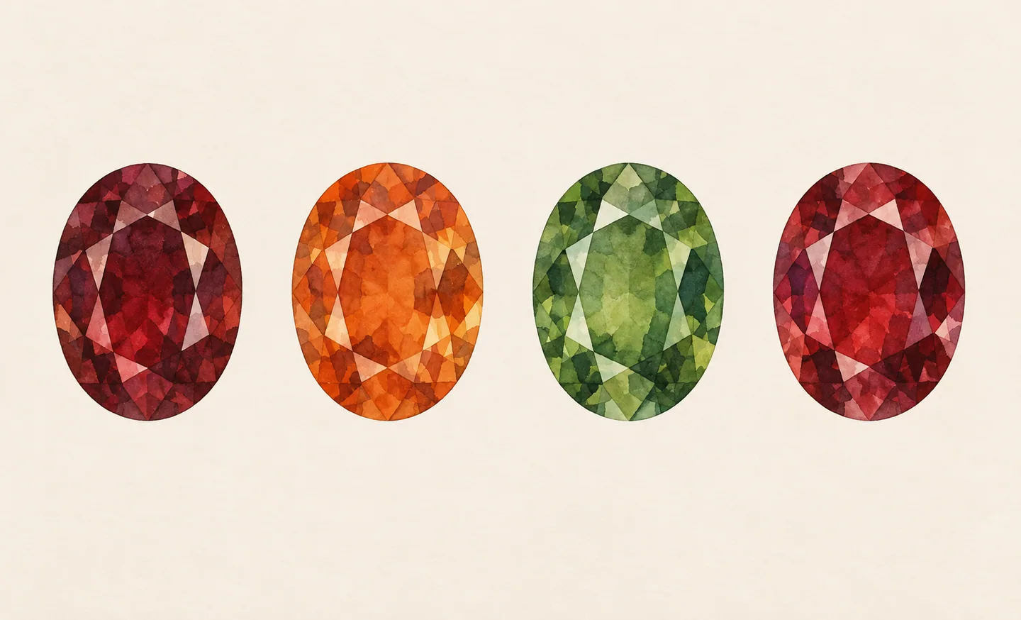 Four illustrated oval faceted forms in wine red, orange, green and red.