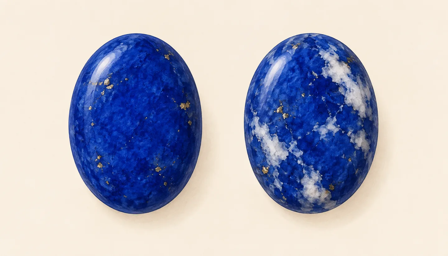 Two illustrated blue domed stones with sparse golden flecks; the right has irregular white patches.