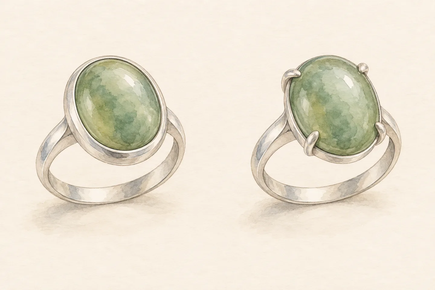Two imaginary green-stone rings, one with a surrounding silver-coloured rim and one with four visible prongs.