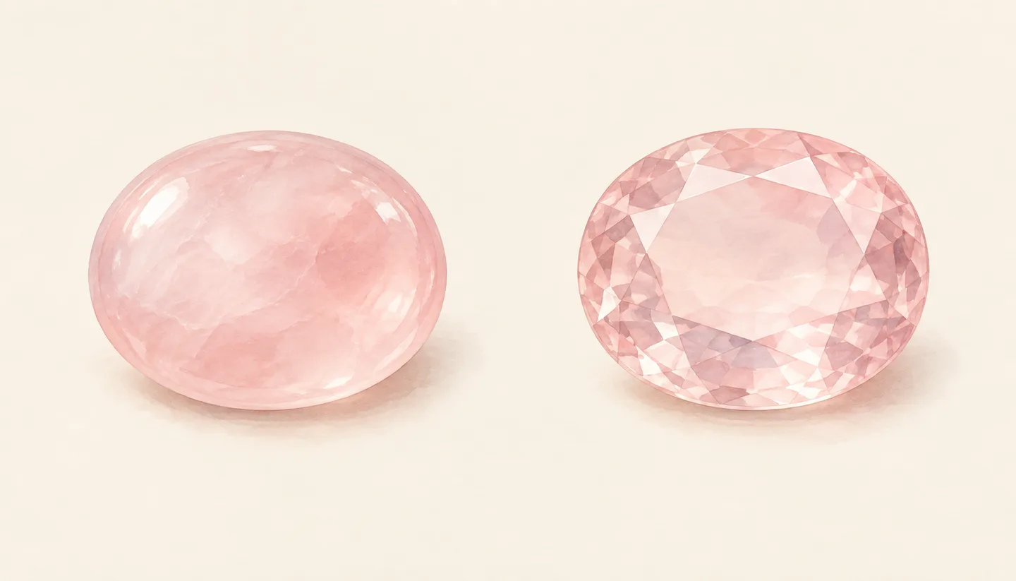 An illustrated softly cloudy pink cabochon beside a clearer-looking faceted pink oval.