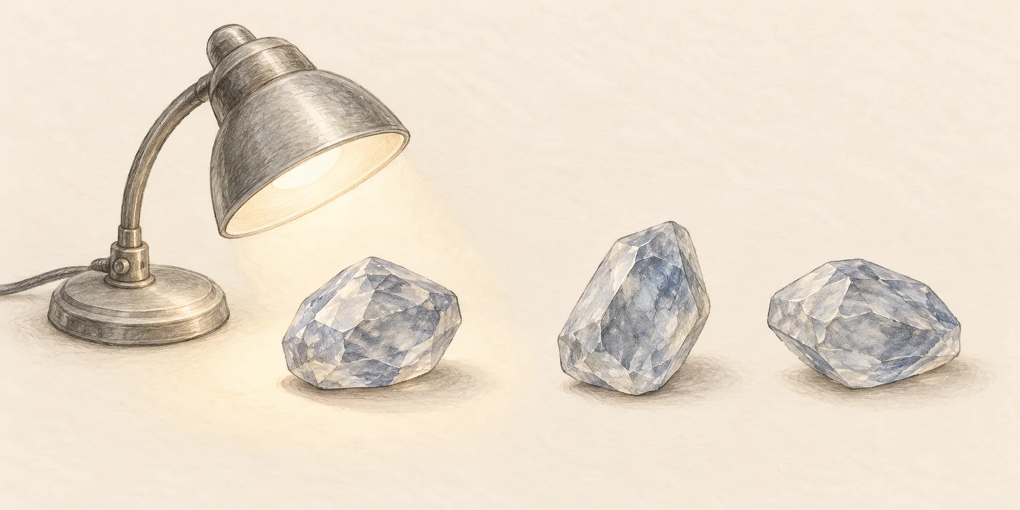 A painted lamp and several views of a muted stone accompany separate light-source and viewing-direction questions.