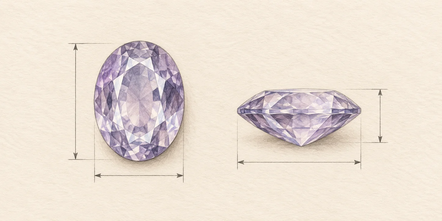 Painted oval gemstone shown face-up and in side profile, with separate width, length and depth leaders.