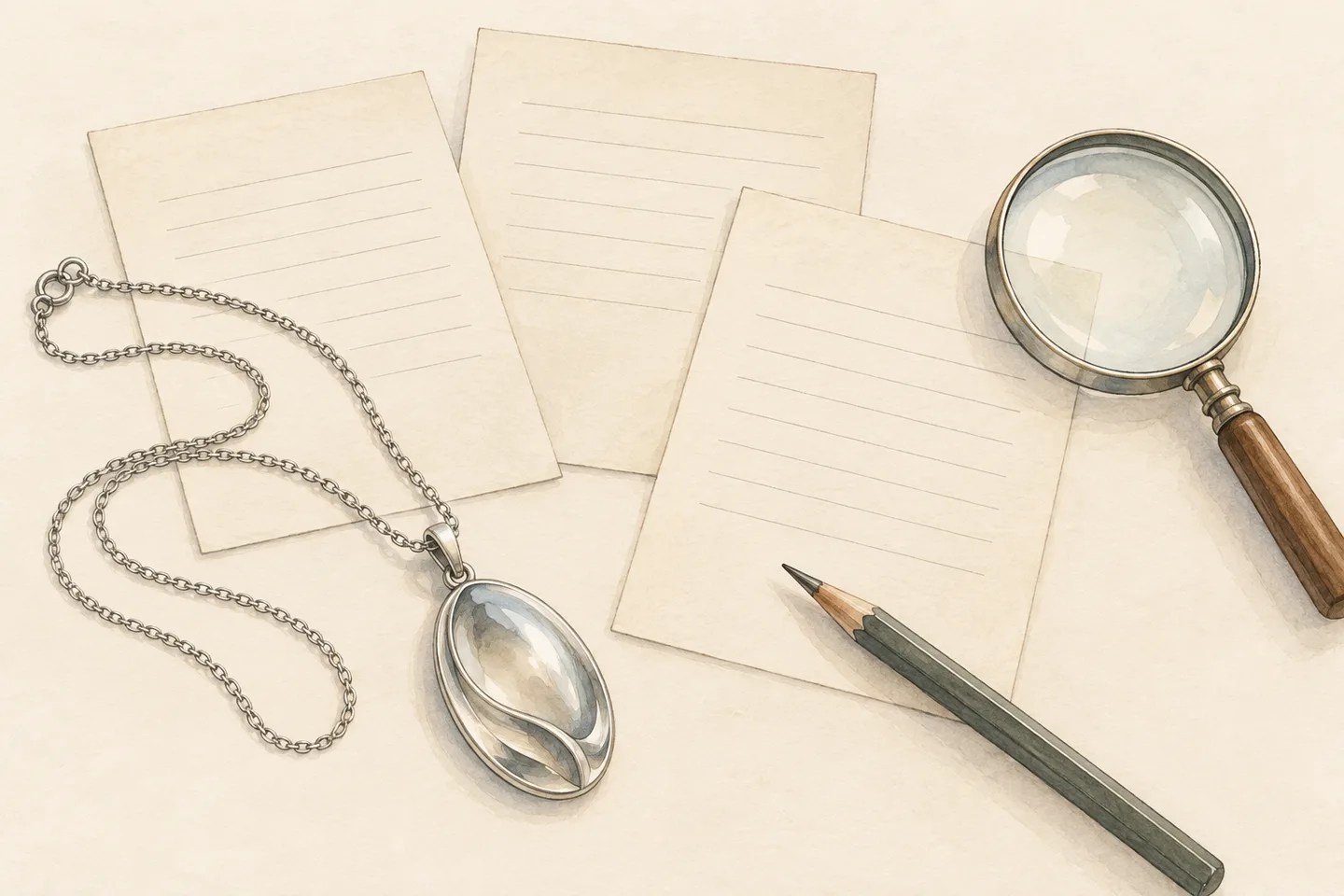 A silver-coloured oval pendant and chain beside three blank ruled sheets, a pencil and a magnifying lens.