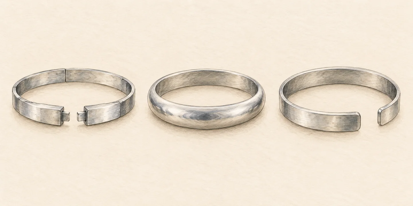 Pencil studies of an opening bracelet, closed slip-on bangle and continuous cuff with one open gap.