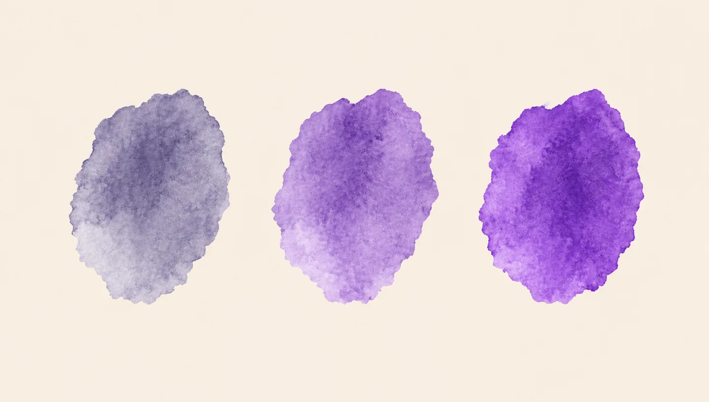 Watercolor violet samples from greyed to vivid.