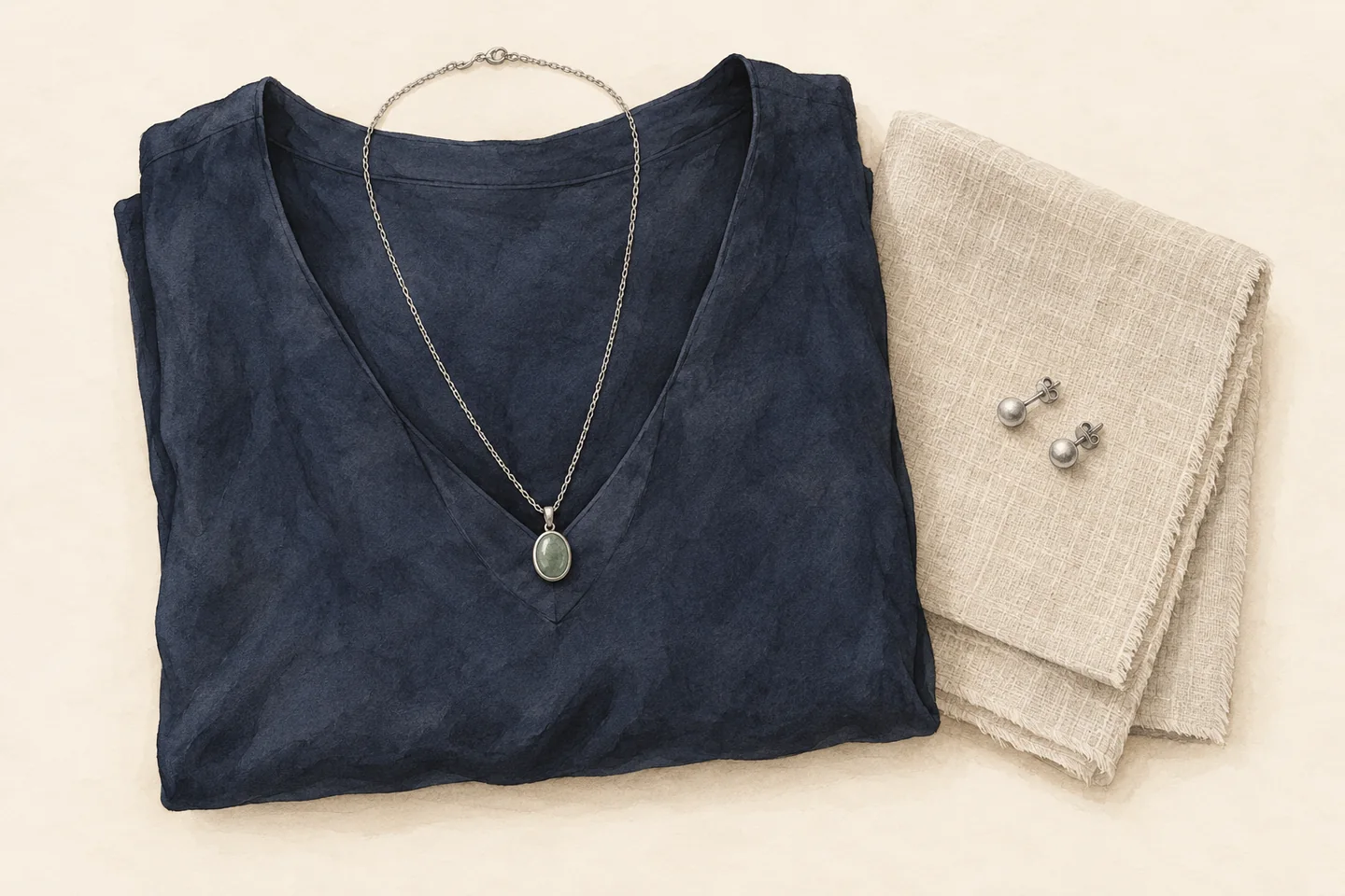 Illustrated navy V-neck blouse with a green pendant, beside pale linen and two separate stud earrings.