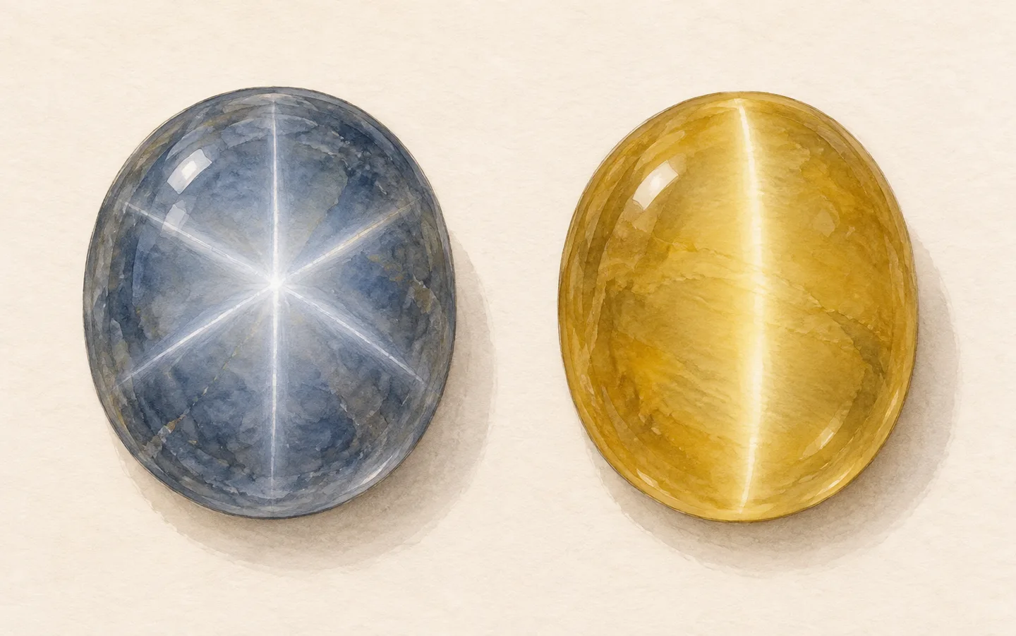 Two imagined domed cabochons: a grey-blue example with three intersecting reflection bands forming six rays, and a honey-coloured example with one light band.