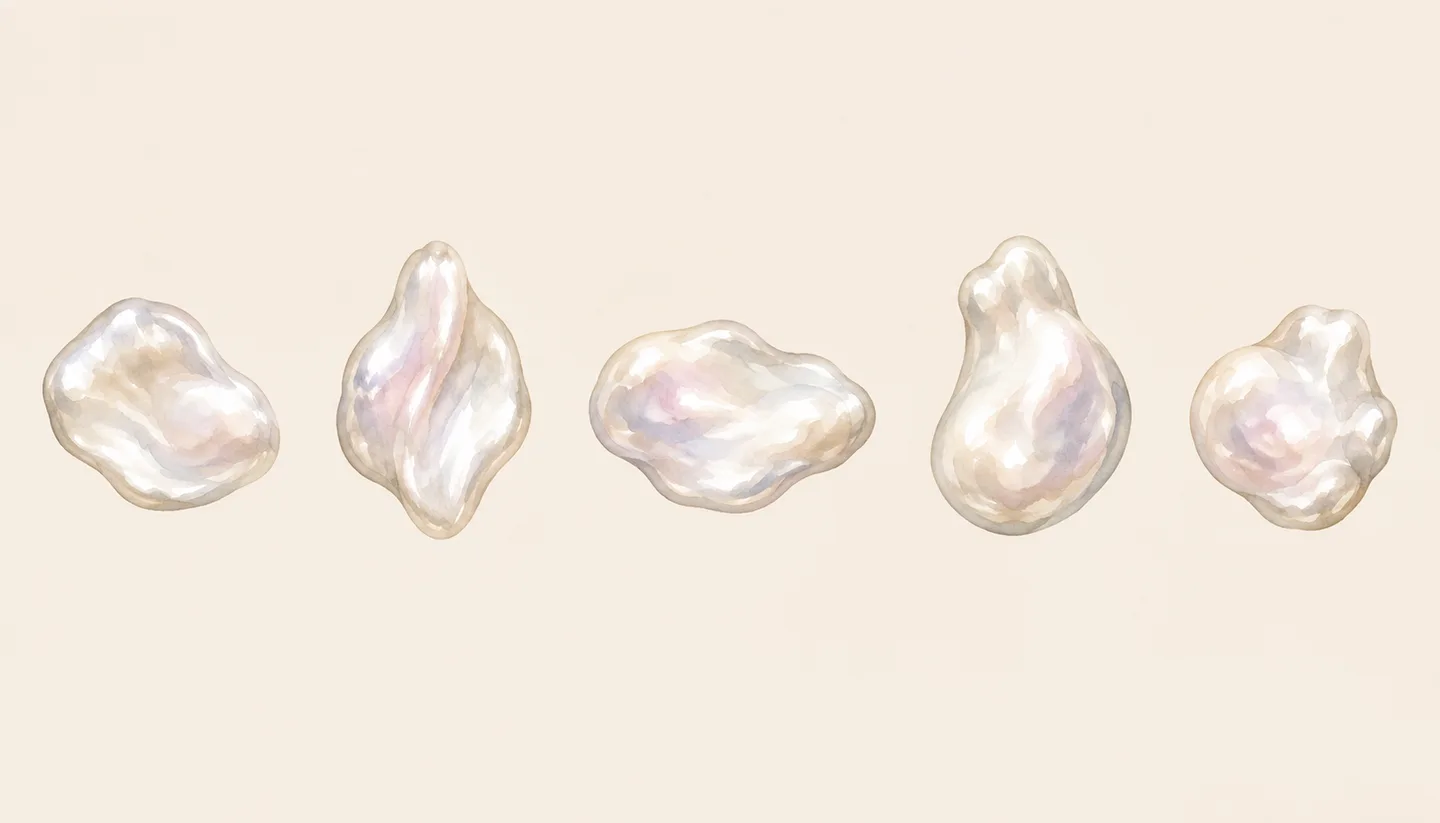 Five illustrated irregular ivory pearl forms.