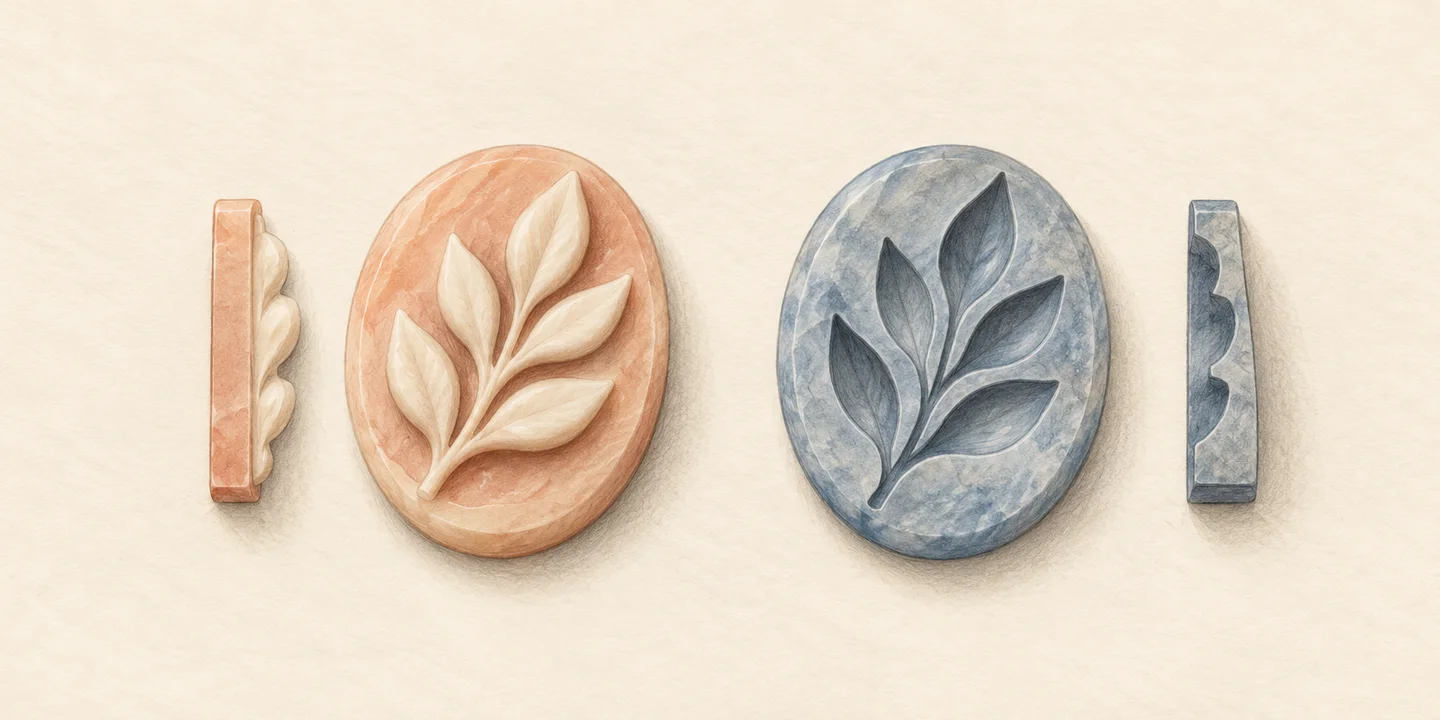Two painted leaf carvings and side sections distinguish raised cameo relief from recessed intaglio.