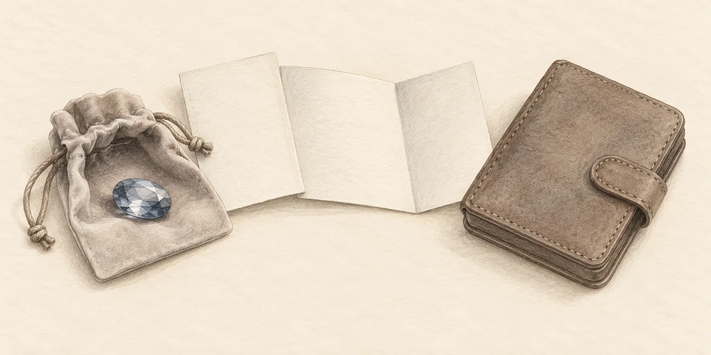 A painted gemstone pouch, blank purchase records and travel case accompany transaction planning.