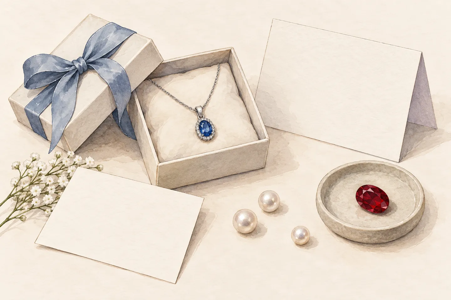 Watercolour gift-box illustration with a pendant, separate blank note and item card, pearl-like beads and a red loose stone.