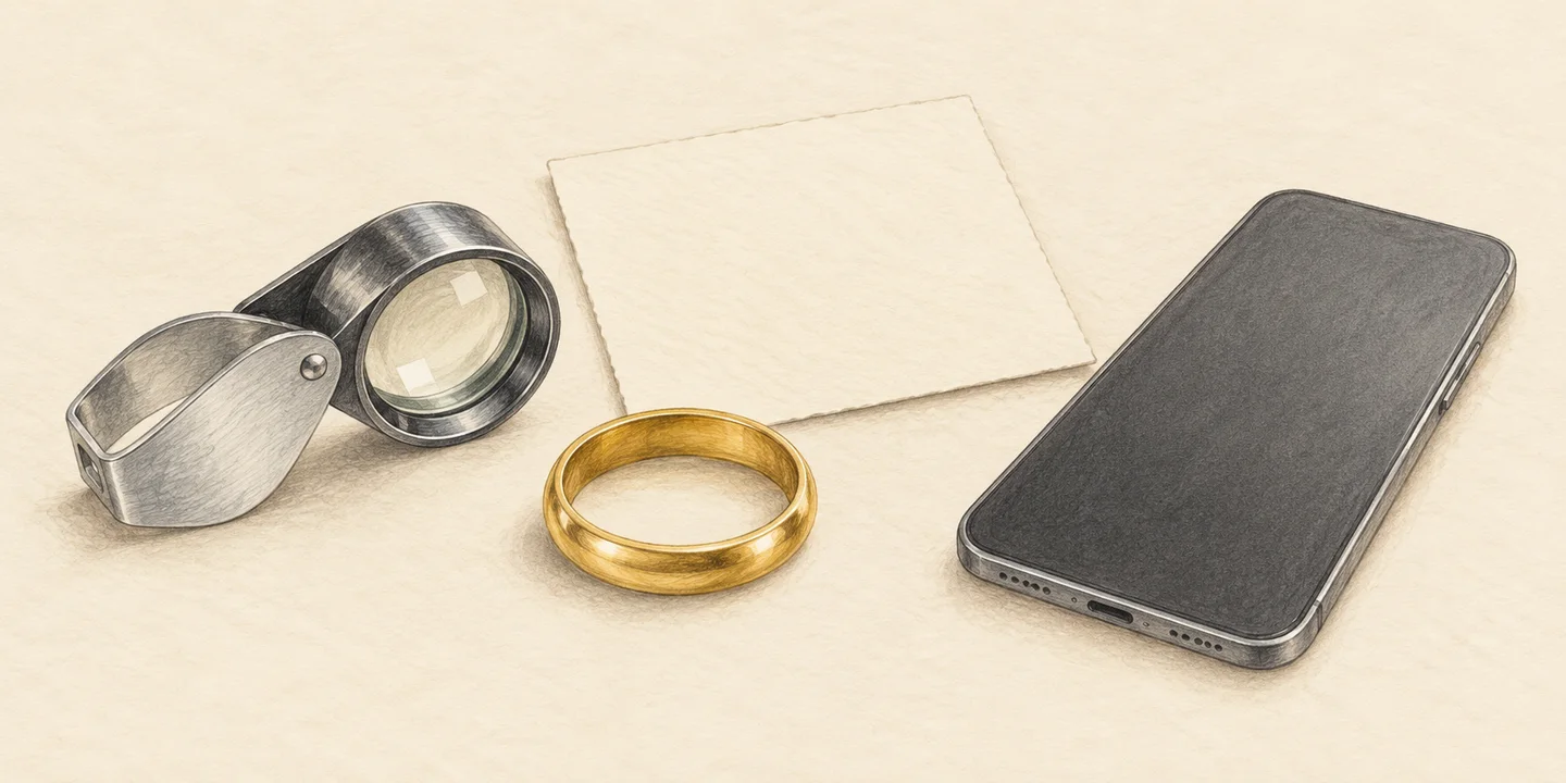 An unmarked gold-colored ring, loupe, blank note and inactive phone accompany verification questions without showing a code or result.