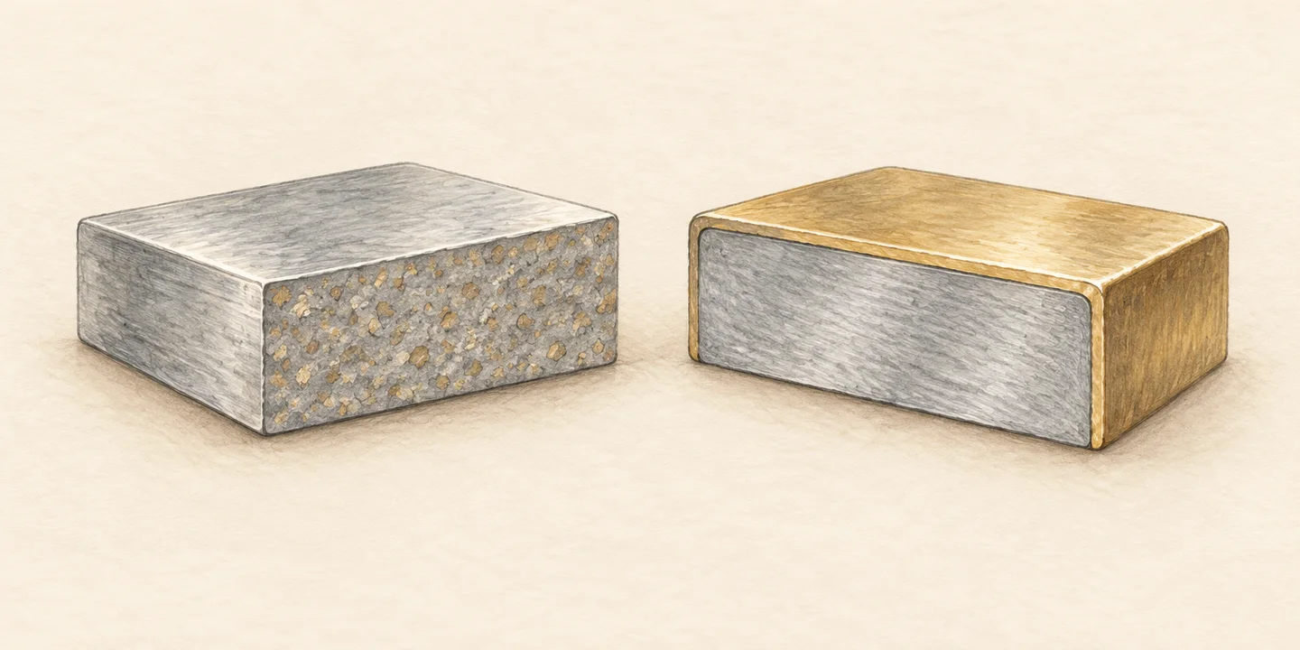 Painted cutaway blocks distinguish a combined alloy body from a surface coating around an inner body.