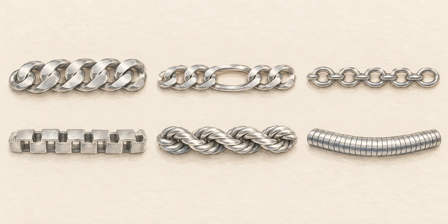 Six painted silver chain samples distinguish curb, Figaro, trace, box, rope and snake pattern cues.