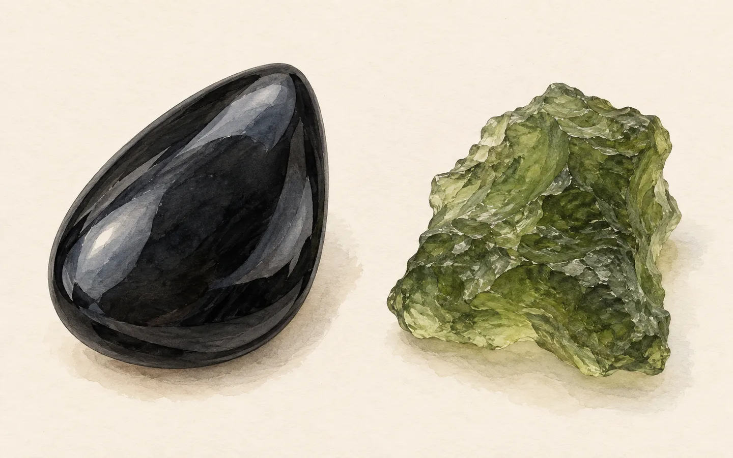 A smooth nearly black teardrop-shaped glass-like stone beside an irregular translucent olive-green fragment with a textured surface.