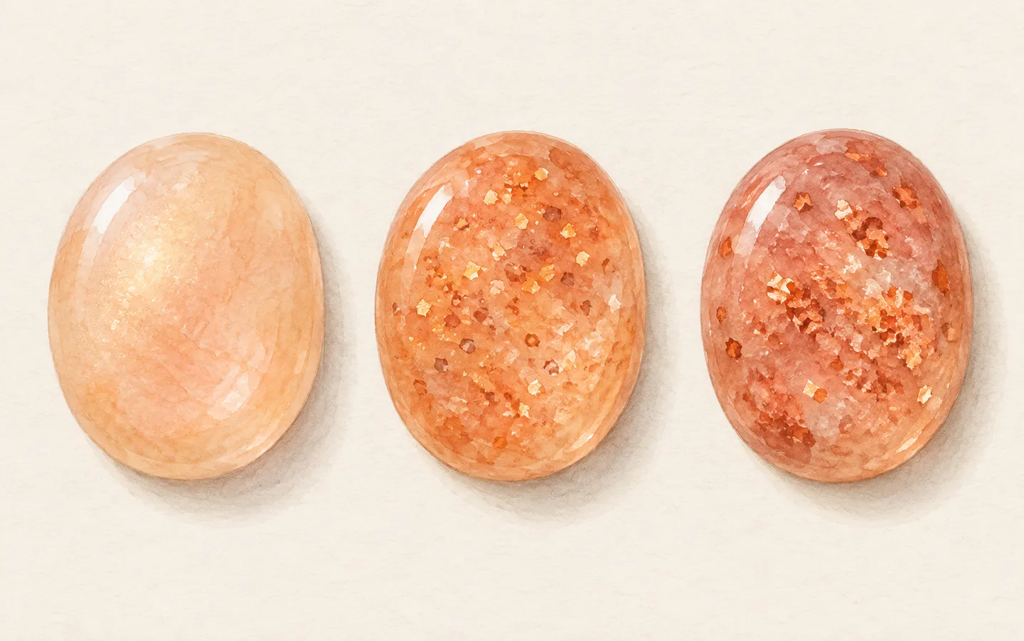Three imagined peach-to-reddish oval cabochons, from subtle sheen to more visible copper-coloured reflective flecks.