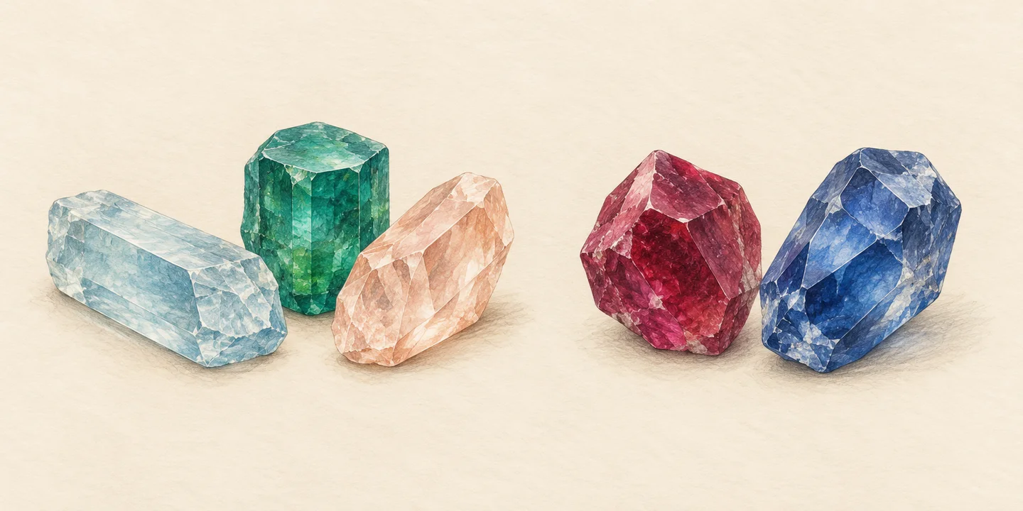 Two groups of imagined colored gemstone studies accompany species and variety names.