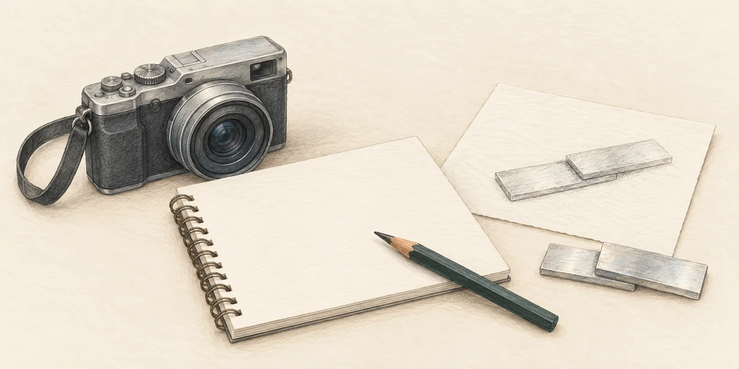 A painted camera, notebook, pencil and metal offcuts accompany an observation-and-evidence record.